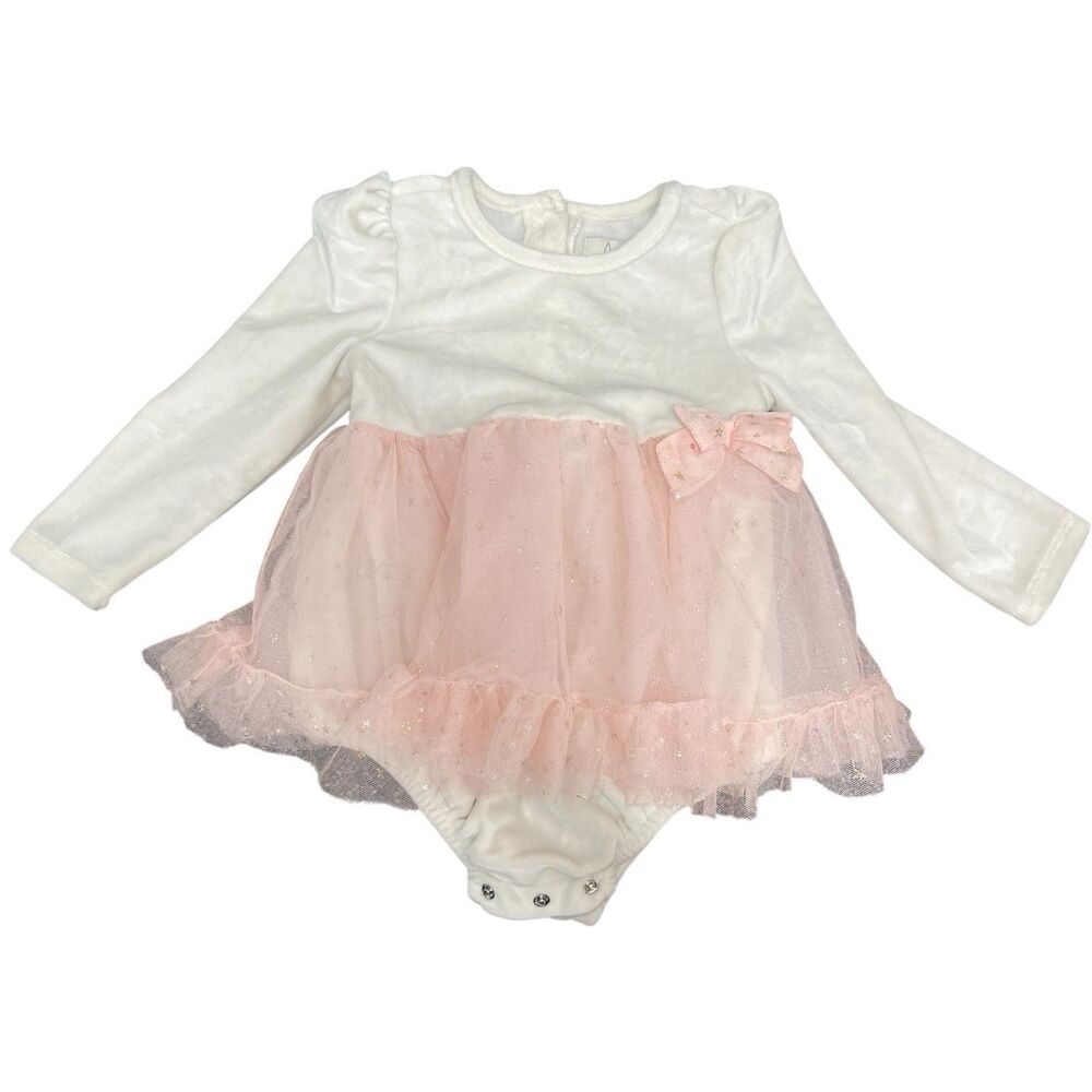 Joie Bodysuit Baby Girls 18M  White Pink Stars Sheer Tutu Skirt Romper